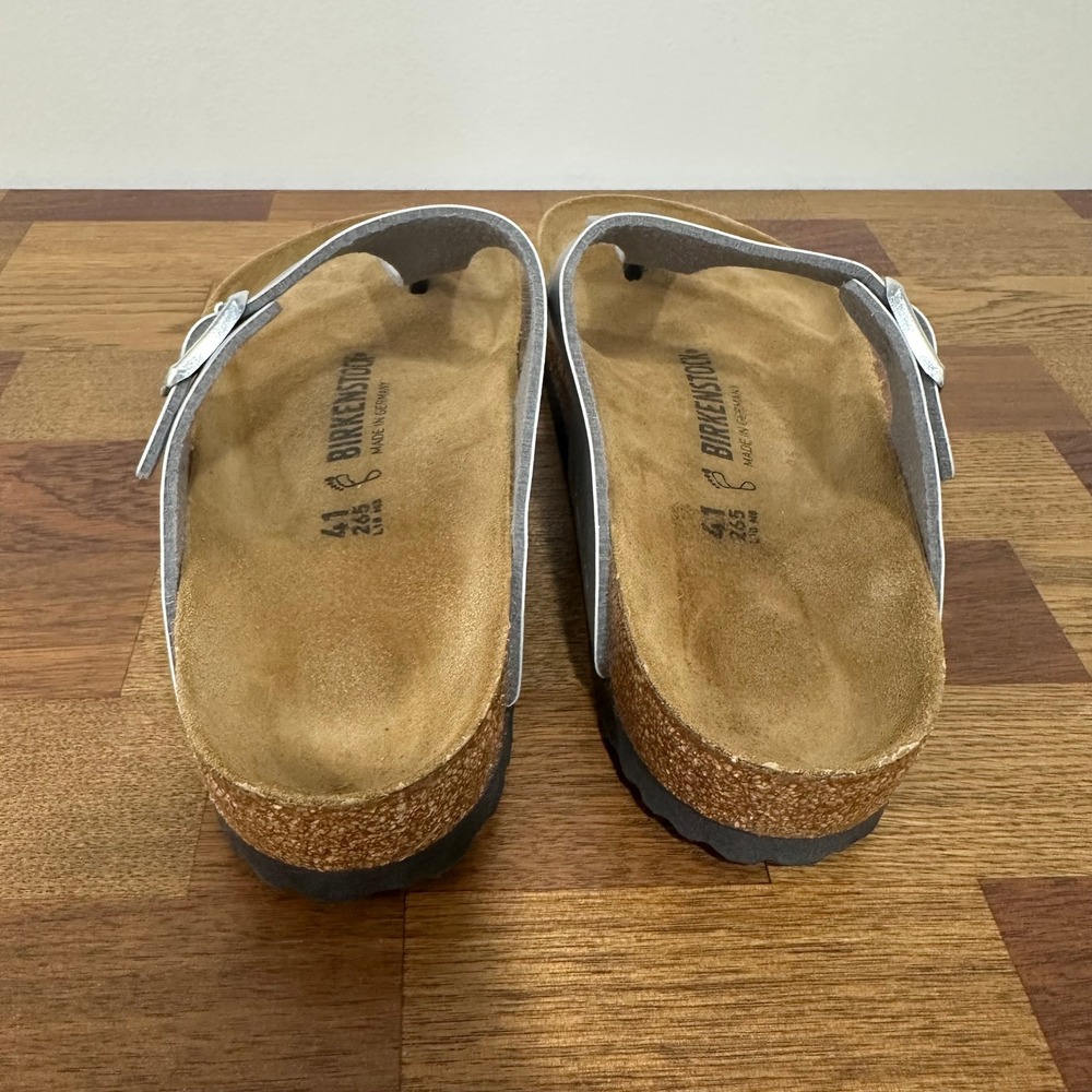 Birkenstocks Gizeh Birko-Flor 41 Leather Thong Sandal Comfort Silver Metallic - Picture 4 of 9